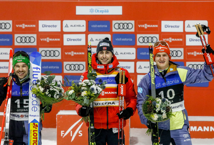 Das Podium der Herren: Fabian Riessle (GER), Jarl Magnus Riiber (NOR), Julian Schmid (GER), (l-r).