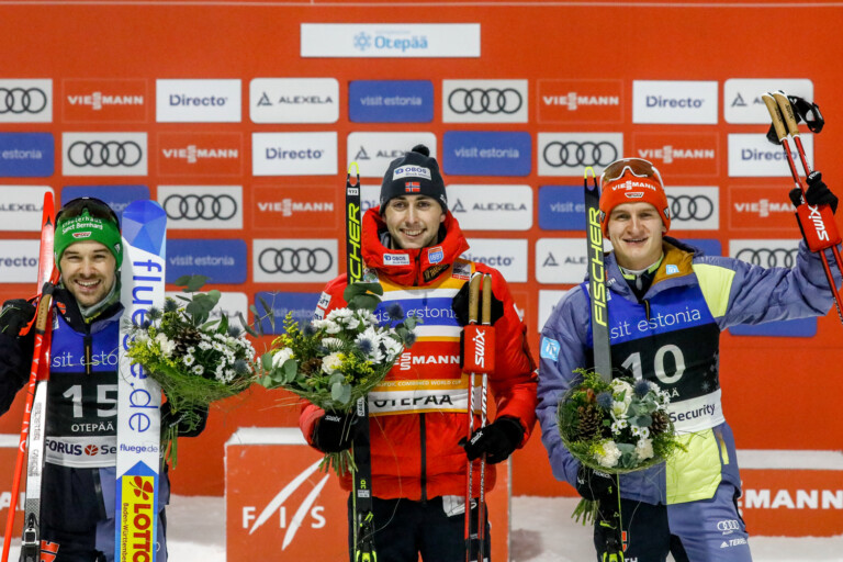 Das Podium der Herren: Fabian Riessle (GER), Jarl Magnus Riiber (NOR), Julian Schmid (GER), (l-r).