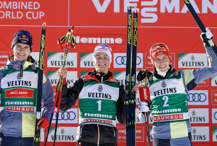 Das Podium: Vinzenz Geiger (GER), Johannes Lamparter (AUT), Eric Frenzel (GER), (l-r).