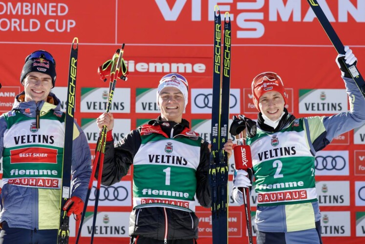 Das Podium: Vinzenz Geiger (GER), Johannes Lamparter (AUT), Eric Frenzel (GER), (l-r).