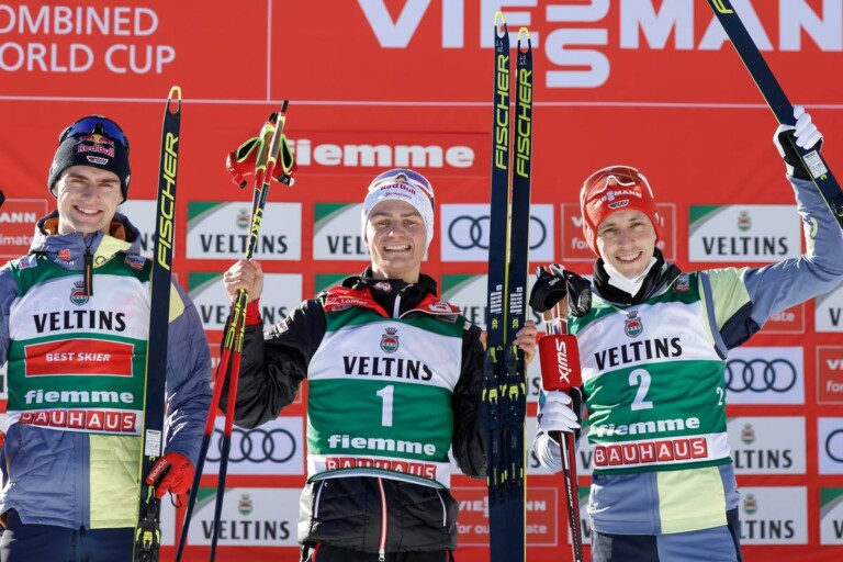 Das Podium: Vinzenz Geiger (GER), Johannes Lamparter (AUT), Eric Frenzel (GER), (l-r).