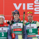 Strahlemänner auf dem Podium: Johannes Lamparter (AUT), Vinzenz Geiger (GER), Johannes Rydzek (GER), (l-r).