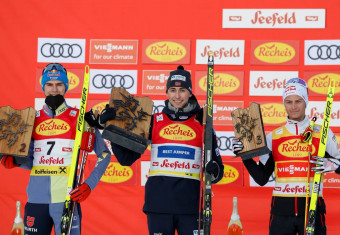 Das Podium: Vinzenz Geiger (GER), Jarl Magnus Riiber (NOR), Johannes Lamparter (AUT), (l-r)