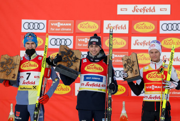 Das Podium: Vinzenz Geiger (GER), Jarl Magnus Riiber (NOR), Johannes Lamparter (AUT), (l-r)