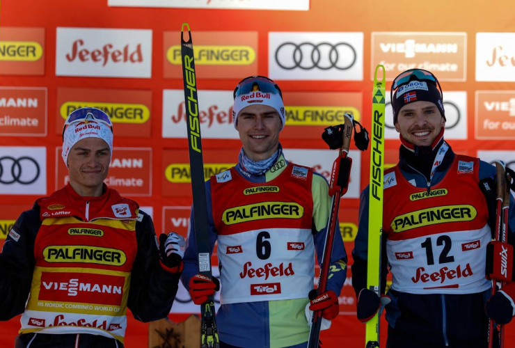 Die Sieger: Johannes Lamparter (AUT), Vinzenz Geiger (GER), Joergen Graabak (NOR), (l-r)