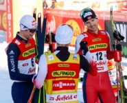 Das sieghafte Trio im Ziel: Vinzenz Geiger (GER), Johannes Lamparter (AUT), Joergen Graabak (NOR), (l-r).