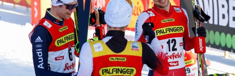 Das sieghafte Trio im Ziel: Vinzenz Geiger (GER), Johannes Lamparter (AUT), Joergen Graabak (NOR), (l-r).