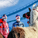 Wenn man nicht springen kann, muss man sich anderweitig beschäftigen: Die norwegischen Trainer Tom Hilde und Carlo Brömel machen Bekanntschaft mit Lamas.