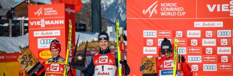 Das strahlende Siegertrio: Johannes Lamparter (AUT), Joergen Graabak (NOR), Jarl Magnus Riiber (NOR), (l-r).