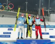 Das Podium: Joergen Graabak (NOR), Vinzenz Geiger (GER), Lukas Greiderer (AUT) (l-r)