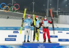 Das Podium: Joergen Graabak (NOR), Vinzenz Geiger (GER), Lukas Greiderer (AUT) (l-r)