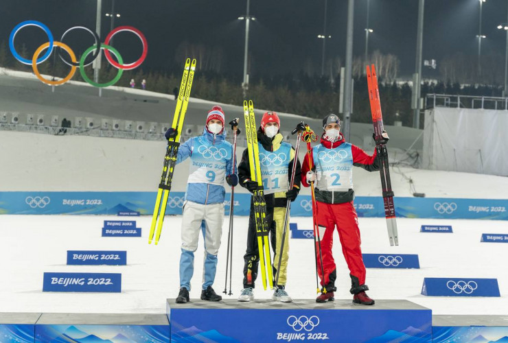 Das Podium: Joergen Graabak (NOR), Vinzenz Geiger (GER), Lukas Greiderer (AUT) (l-r)