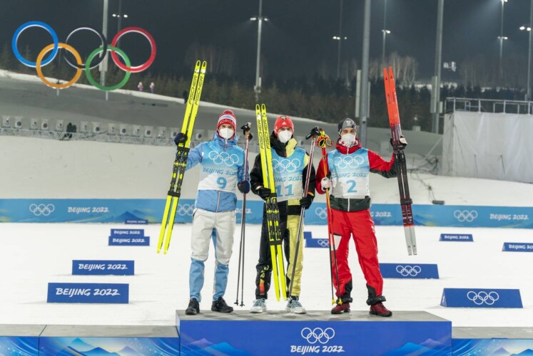Das Podium: Joergen Graabak (NOR), Vinzenz Geiger (GER), Lukas Greiderer (AUT) (l-r)