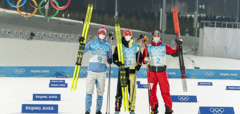 Das Podium: Joergen Graabak (NOR), Vinzenz Geiger (GER), Lukas Greiderer (AUT) (l-r)