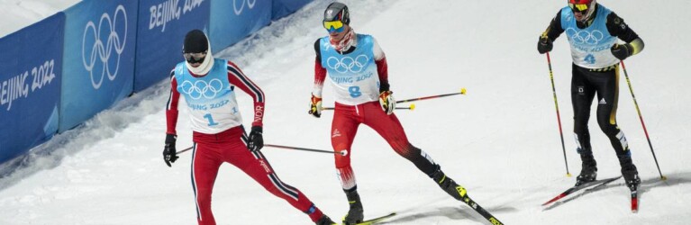 Das zwischenzeitliche Führungstrio: Jarl Magnus Riiber (NOR), Johannes Lamparter (AUT), Manuel Faisst (GER), (l-r)