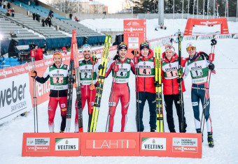 Glücklcihe Gewinner: Franz-Josef Rehrl (AUT), Lukas Greiderer (AUT), Joergen Graabak (NOR), Jens Oftebro (NOR), Espen Andersen (NOR), Espen Bjoernstad (NOR), (l-r).