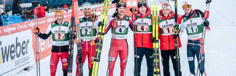 Glücklcihe Gewinner: Franz-Josef Rehrl (AUT), Lukas Greiderer (AUT), Joergen Graabak (NOR), Jens Oftebro (NOR), Espen Andersen (NOR), Espen Bjoernstad (NOR), (l-r).