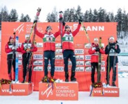 Das Podium: Franz-Josef Rehrl (AUT), Lukas Greiderer (AUT), Joergen Graabak (NOR), Jens Oftebro (NOR), Espen Andersen (NOR), Espen Bjoernstad (NOR), (l-r).