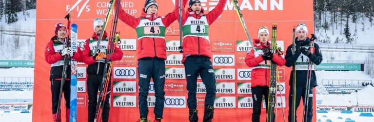 Das Podium: Franz-Josef Rehrl (AUT), Lukas Greiderer (AUT), Joergen Graabak (NOR), Jens Oftebro (NOR), Espen Andersen (NOR), Espen Bjoernstad (NOR), (l-r).