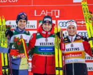 Das Podium: Vinzenz Geiger (GER), Jarl Magnus Riiber (NOR), Johannes Lamparter (AUT), (l-r).