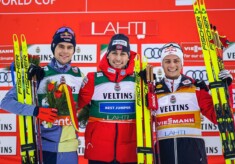 Das Podium: Vinzenz Geiger (GER), Jarl Magnus Riiber (NOR), Johannes Lamparter (AUT), (l-r).