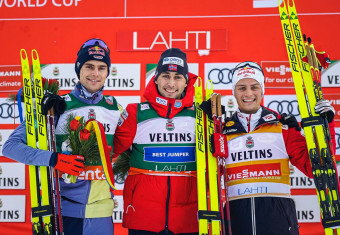 Das Podium: Vinzenz Geiger (GER), Jarl Magnus Riiber (NOR), Johannes Lamparter (AUT), (l-r).