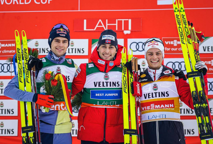 Das Podium: Vinzenz Geiger (GER), Jarl Magnus Riiber (NOR), Johannes Lamparter (AUT), (l-r).