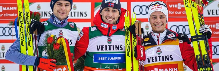 Das Podium: Vinzenz Geiger (GER), Jarl Magnus Riiber (NOR), Johannes Lamparter (AUT), (l-r).