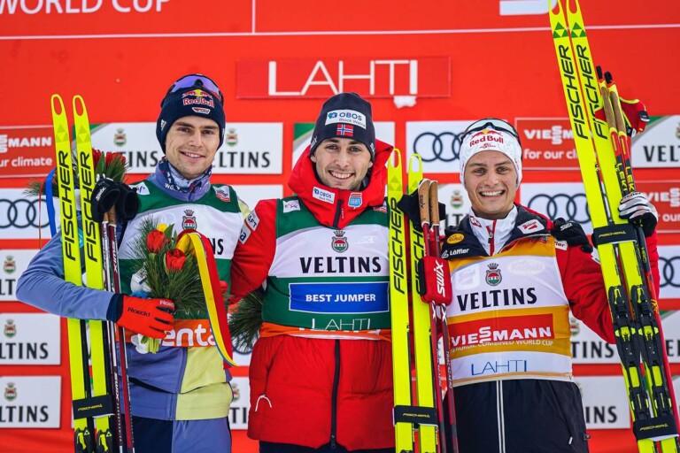 Das Podium: Vinzenz Geiger (GER), Jarl Magnus Riiber (NOR), Johannes Lamparter (AUT), (l-r).