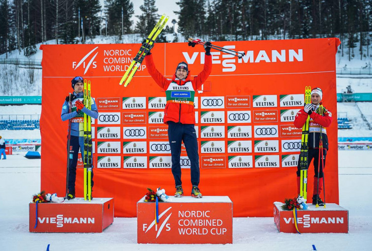 Das Podium: Vinzenz Geiger (GER), Jarl Magnus Riiber (NOR), Johannes Lamparter (AUT), (l-r).