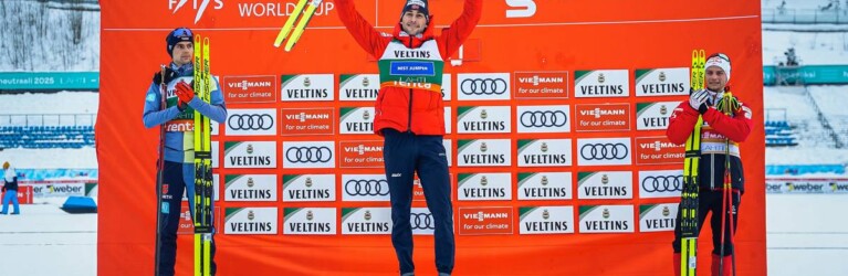 Das Podium: Vinzenz Geiger (GER), Jarl Magnus Riiber (NOR), Johannes Lamparter (AUT), (l-r).