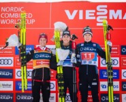 Das Podium: Johannes Lamparter (AUT), Jarl Magnus Riiber (NOR), Jens Luraas Oftebro (NOR), (l-r)