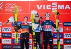 Das Podium: Johannes Lamparter (AUT), Jarl Magnus Riiber (NOR), Jens Luraas Oftebro (NOR), (l-r)