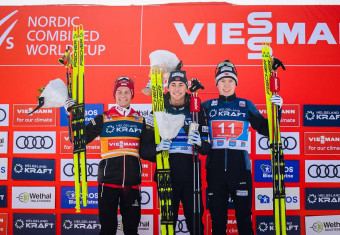 Das Podium: Johannes Lamparter (AUT), Jarl Magnus Riiber (NOR), Jens Luraas Oftebro (NOR), (l-r)