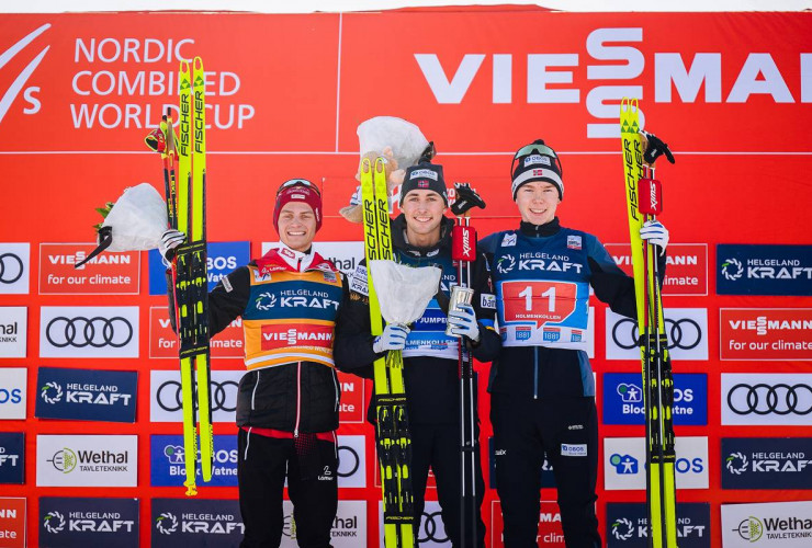 Das Podium: Johannes Lamparter (AUT), Jarl Magnus Riiber (NOR), Jens Luraas Oftebro (NOR), (l-r)