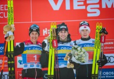 Das Podium: Mario Seidl (AUT), Jarl Magnus Riiber (NOR), Jens Luraas Oftebro (NOR), (l-r).