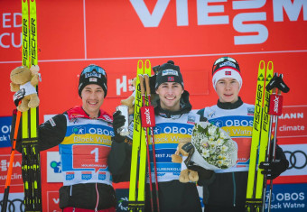 Das Podium: Mario Seidl (AUT), Jarl Magnus Riiber (NOR), Jens Luraas Oftebro (NOR), (l-r).