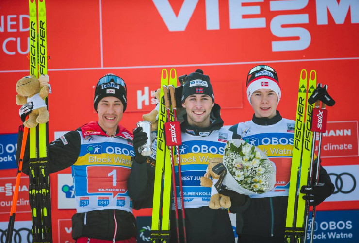 Das Podium: Mario Seidl (AUT), Jarl Magnus Riiber (NOR), Jens Luraas Oftebro (NOR), (l-r).