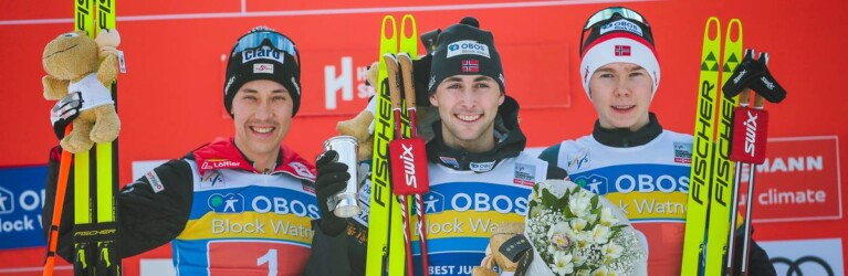 Das Podium: Mario Seidl (AUT), Jarl Magnus Riiber (NOR), Jens Luraas Oftebro (NOR), (l-r).