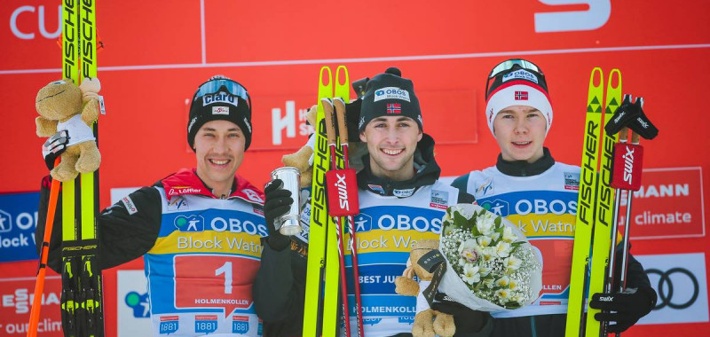 Das Podium: Mario Seidl (AUT), Jarl Magnus Riiber (NOR), Jens Luraas Oftebro (NOR), (l-r).