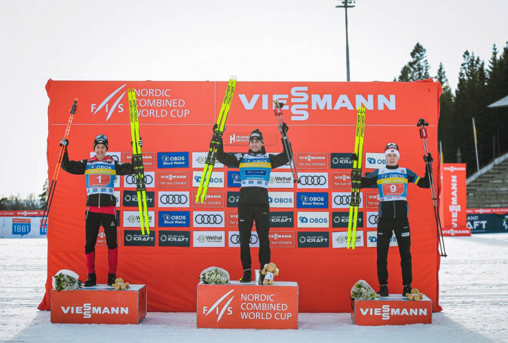 Das Podium: Mario Seidl (AUT), Jarl Magnus Riiber (NOR), Jens Luraas Oftebro (NOR), (l-r).