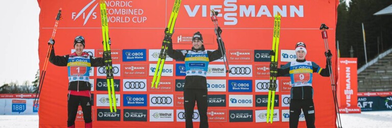 Das Podium: Mario Seidl (AUT), Jarl Magnus Riiber (NOR), Jens Luraas Oftebro (NOR), (l-r).