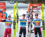 Die Sieger: Mario Seidl (AUT), Jarl Magnus Riiber (NOR), Jens Luraas Oftebro (NOR), (l-r)