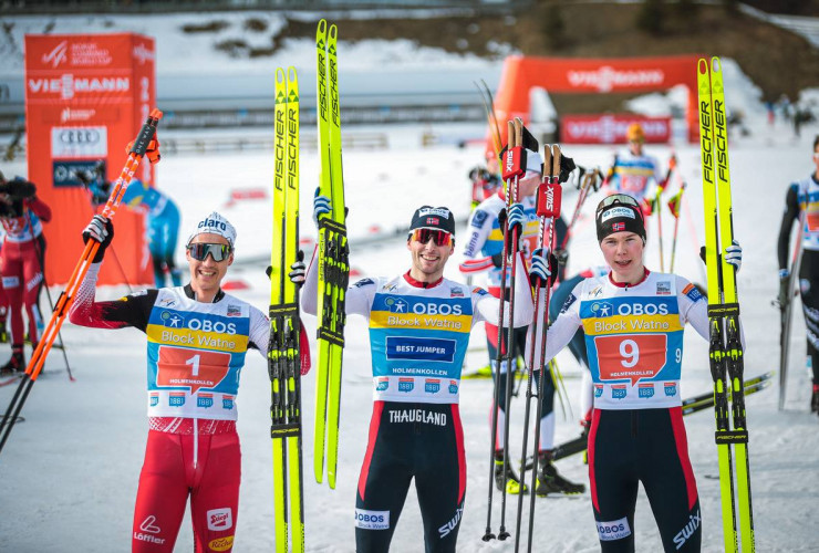 Die Sieger: Mario Seidl (AUT), Jarl Magnus Riiber (NOR), Jens Luraas Oftebro (NOR), (l-r)