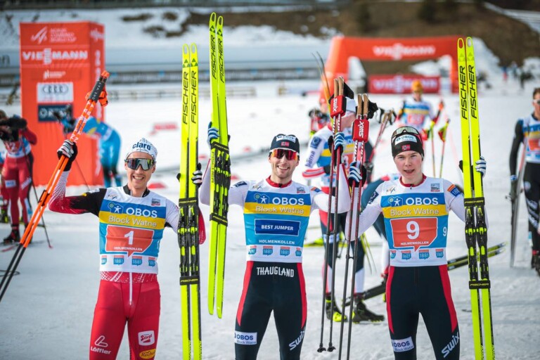 Die Sieger: Mario Seidl (AUT), Jarl Magnus Riiber (NOR), Jens Luraas Oftebro (NOR), (l-r)