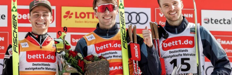 Das Herren-Podium: Johannes Lamparter (AUT), Jarl Magnus Riiber (NOR), Joergen Graabak (NOR), (l-r).