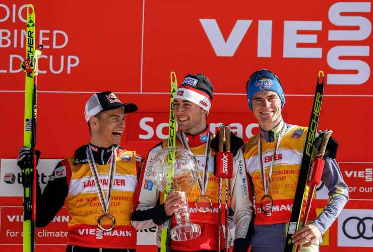 Die Top 3 der Herren: Johannes Lamparter (AUT), Jarl Magnus Riiber (NOR), Vinzenz Geiger (GER), (l-r)