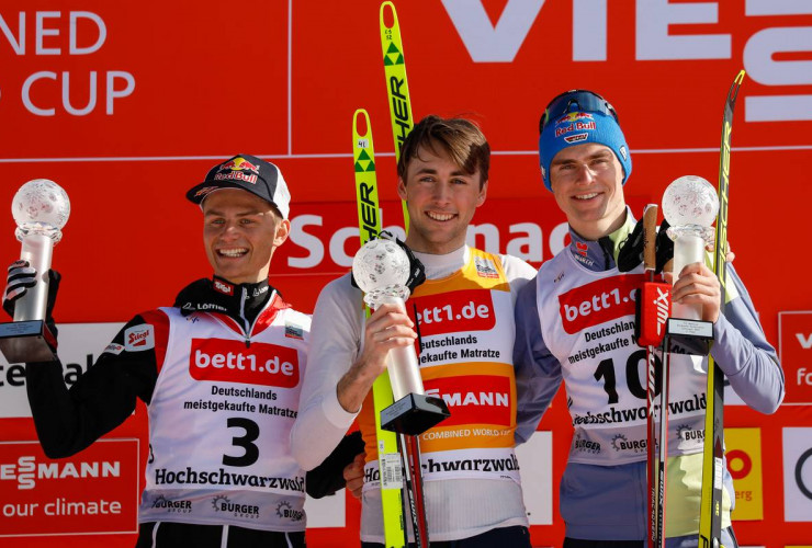 Das Tagespodium: Johannes Lamparter (AUT), Jarl Magnus Riiber (NOR), Vinzenz Geiger (GER), (l-r)