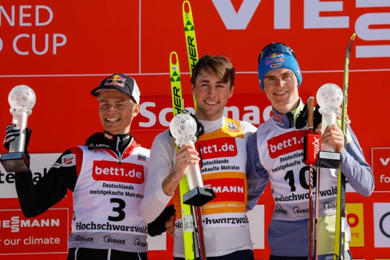 Das Tagespodium: Johannes Lamparter (AUT), Jarl Magnus Riiber (NOR), Vinzenz Geiger (GER), (l-r)