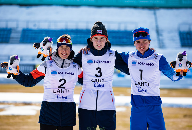 Die Medaillengewinner im Einzel der Jungen: Jiri Konvalinka (CZE), Eidar Johan Stroem (NOR), Marco Heinis (FRA)